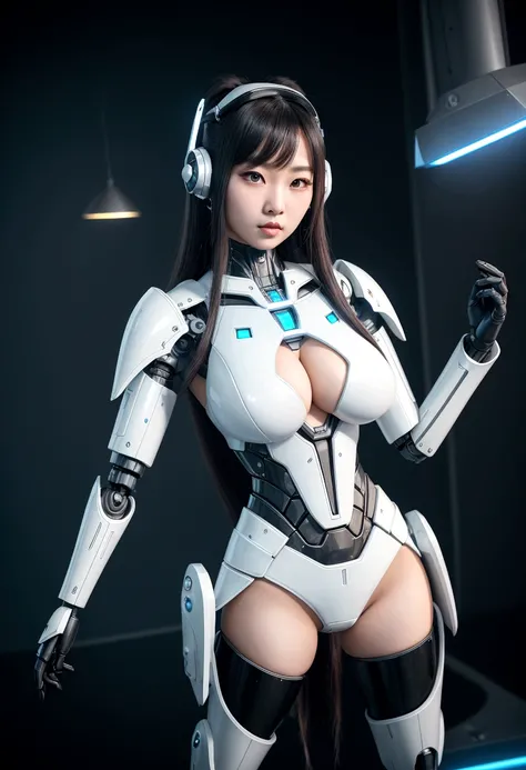 asian woman, standing, stop FRONT VIEW, tez blanca, korean, tits, futuristic clothing, modern outfit provided, NO DEFORMATIONS, beautiful, robot, cyborg, android, light, laser, League of Legends, splah art, sexy, the payment, chrome, Metal, FNAF, Animatron...