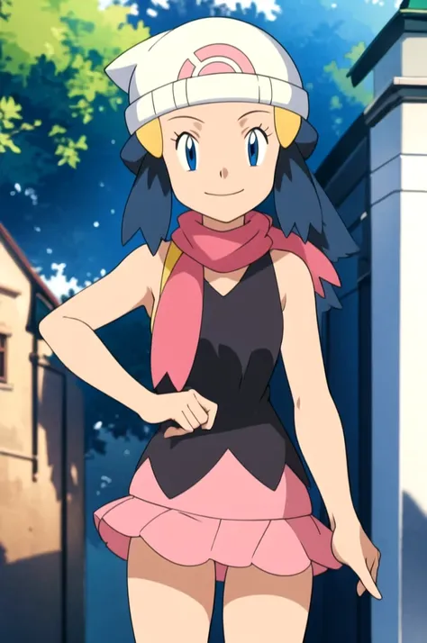 masterpiece, Highest quality, High resolution, One girl, alone, dawn (Pokemon), Pink scarf, Black Shirt, Pink Skirt, Have, Outdoor, Bare shoulders, smile