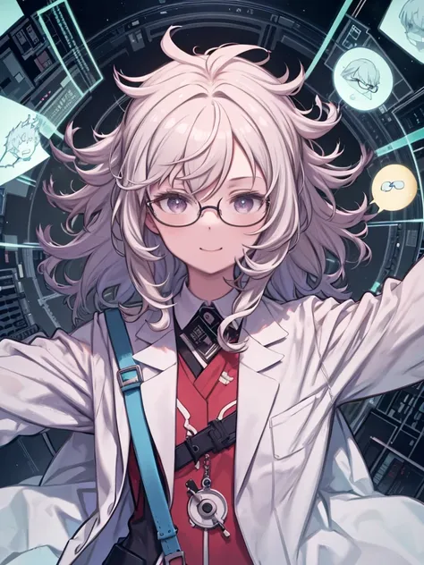 One Woman、Glasses with white lenses、Shaggy Hair、Bouncy hair、Bedhead、Curly Hair、Laughing with your mouth open、White、lab coat、Research Room、Scientist、mad scientist、Smoke-filled room、Upper Body、