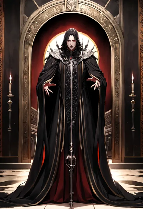 He is standing in the palace hall, emanating a presence that inspires respect and awe. Your figure is thin and aged, with skin pale as the moon and deeply wrinkled by the passing of centuries. His eyes are intense red like burning embers, shining with the ...