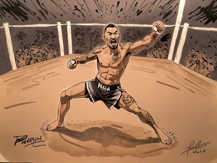 Max Blessed Holloway, ink and pen illustration, hand drawn splash panel, portrait, cel shading, strength, "I hope you guys are cheering for something", Puʻuwai, craftsmanship nuance, battle tested, heart of a fighter, cage fighting champion, Ulaula, kumu, ...