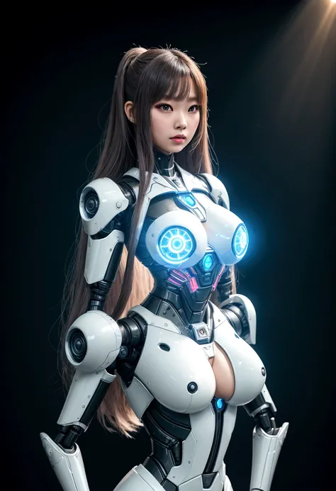 asian woman, standing, stop FRONT VIEW, tez blanca, korean, tits, futuristic clothing, modern outfit provided, NO DEFORMATIONS, beautiful, robot, cyborg, android, light, laser, League of Legends, splah art, sexy, the payment, chrome, Metal, FNAF, Animatron...