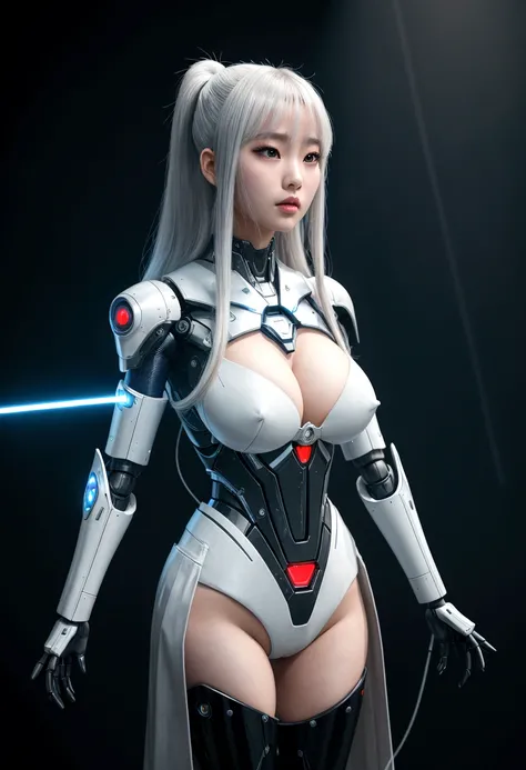 asian woman, standing, stop FRONT VIEW, tez blanca, korean, tits, futuristic clothing, modern outfit provided, NO DEFORMATIONS, beautiful, robot, cyborg, android, light, laser, League of Legends, splah art, sexy, the payment, chrome, Metal, FNAF, Animatron...