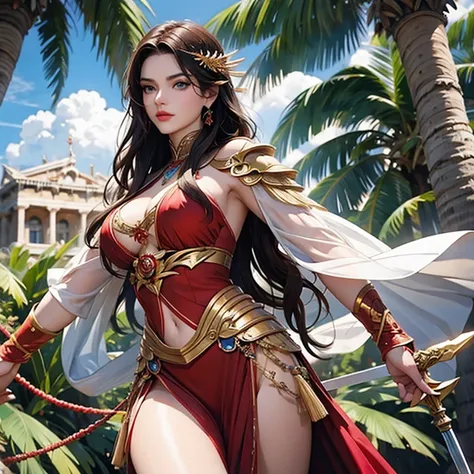 a beautiful woman with long dark hair, blue eyes, and sculpted facial features, wearing a red and gold armored costume, wielding a sword and lasso, standing in a lush tropical paradise setting with beaches, palm trees, and ancient Greek architecture in the...