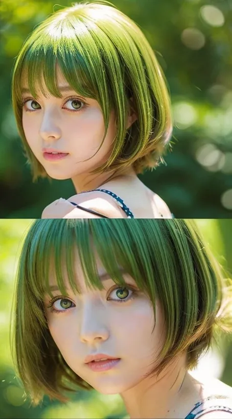 kawaii girl、golden bob cut hair、Big green eyes、