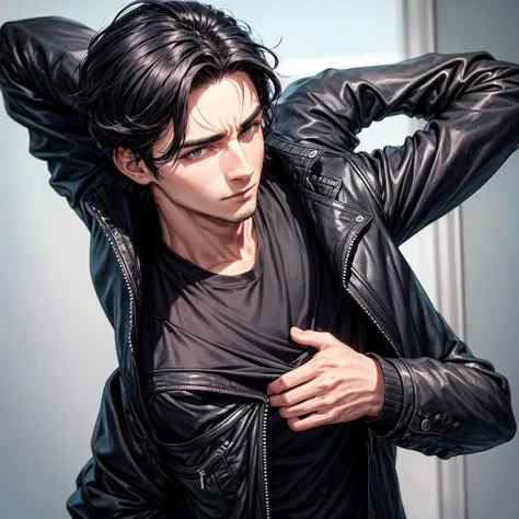 A man with black hair, hazel eyes, wearing black clothes, and is thin Realistic apparel jacket details 