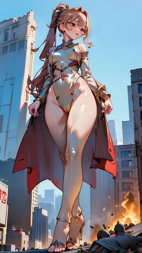 Ravishing giantess with long auburn hair and golden eyes, in a barely-there gold outfit, strides through a bustling city. Her every step causes destruction, and she gazes at the tiny humans with disdain. Her sister, dressed in a similar outfit with blonde ...