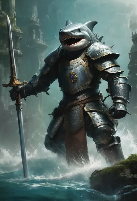 Prompt: A majestic underwater fortress pierces through the misty darkness of a medieval dawn. Amidst the ruins of a bygone era, a formidable figure emerges: a razor-toothed shark warrior, its scaly armor glistening like polished steel in the faint light. C...