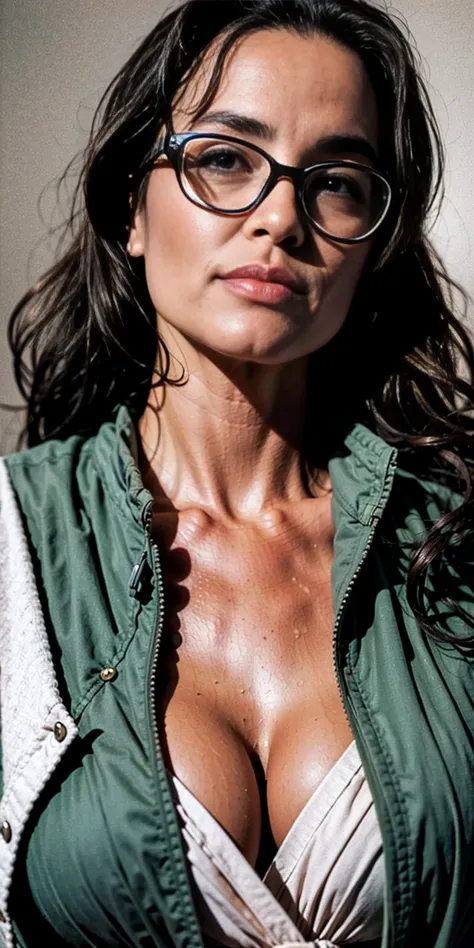 a woman with glasses and a green jacket (lisa ann) moody, epic, gorgeous film grain (grainy is implied by film grain)