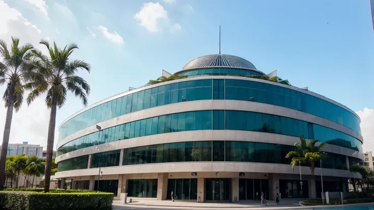 Big very large building in Double L shape  intertwined. 

Modern architecture, modern 4 storeys building, glass façade , park around, very clean, green garden, palm trees, 

