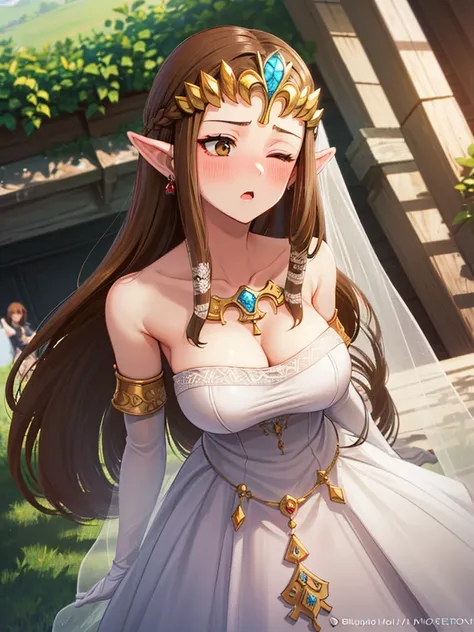 ((((Very beautiful mature woman)))),((surprised),((Scared)),((Close one eye)),((((Exposed shoulders)))),(((look up))),,((()),,(((Long Hair)))),((Big Breasts)),((((Exposed shoulders)))),((Front Face)),Princess Zelda, ((Highest quality)),,(Very detailed) ,,(...