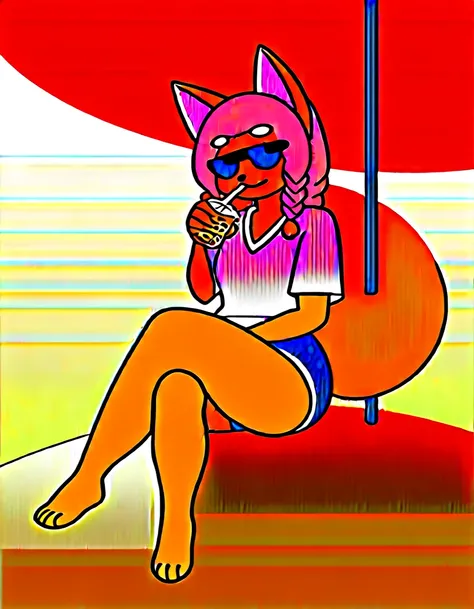 Solo, Score_9, score_8_up, score_7_up, source_cartoon, kemono style, An Anthro furry fox girl, yellow furry body, yellow fox tail , black nose, blonde hair, braided hair, wearing blue daisy dukes, a tied white shirt, visible thong, sunglasses, sunglasses c...