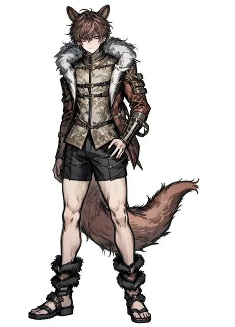 1boy , half-beast, fur-covered body, furry tail, weapon, (high resolution, high detail, best quality),alone,brown hair, playful