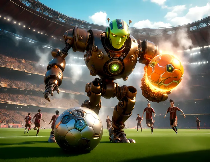 A dapper, mechanical android soccer team, steam vents, lit eyes, playing in a well-lit, packed stadium, teams with different color schemes, only one soccer ball on the field (best quality, 8k, highres, masterpiece:1.2), ultra-detailed, (realistic, photorea...