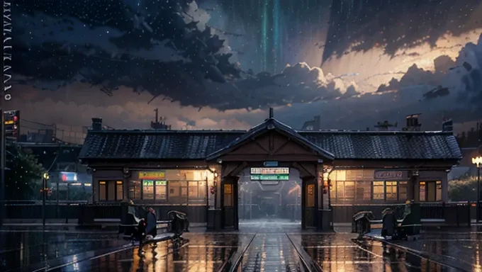 masterpiece, concept art,  train station in the rain at night, a detailed matte painting, by Makoto Shinkai, featured on pixiv, photorealism, night starry sky full of cats, watching the sun set. anime, wlop hdr, from arknights, wide-screen, white snow, ( (...