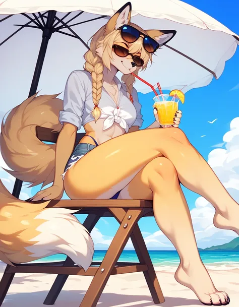 Solo, Score_9, score_8_up, score_7_up,  Kimiko, An Anthro furry fox girl, yellow furry body, yellow fox tail , black nose, blonde hair, braided hair, wearing blue daisy dukes, white shirt tied up, visible thong, sunglasses, sunglasses covering eyes, smirki...