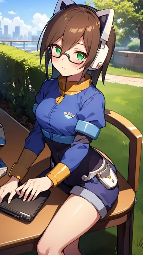 Aile_Megamanzx, 1 Girl, looking at viewer, Brown hair, Green eyes, Sky background , Blushed , Leaning on a table , Glasses , gaming clothes, gaming headphones, Cat Cosplay