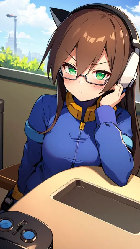 Aile_Megamanzx, 1 Girl, looking at viewer, Brown hair, Green eyes, Sky background , Blushed , Leaning on a table , Glasses , gaming clothes, gaming headphones, Cat Cosplay