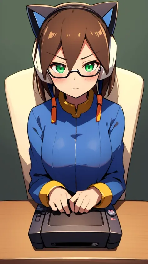 Aile_Megamanzx, 1 Girl, looking at viewer, Brown hair, Green eyes, Sky background , Blushed , Leaning on a table , Glasses , gaming clothes, gaming headphones, Cat Cosplay