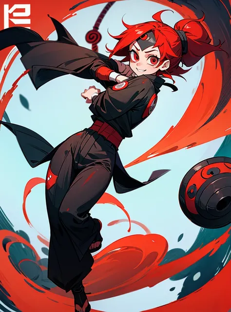 A girl with red hair and short red eyes, her face has a smile, her clothes are a white ninja and black lines, she wears a konoha bandana on her forehead along with a swirl symbol on her back, full body. 