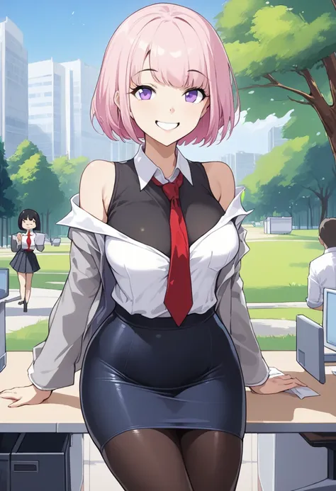 1 woman, short hair, pink hair, purple eyes, hair above one eye, black shirt, white collar, red tie, two-tone jacket, white jack...