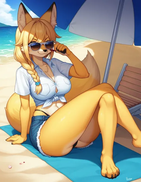 Solo, Score_9, score_8_up, score_7_up, source_cartoon, kemono style, An Anthro furry fox girl, yellow furry body, yellow fox tail , black nose, blonde hair, braided hair, wearing blue daisy dukes, a tied white shirt, visible thong, sunglasses, sunglasses c...