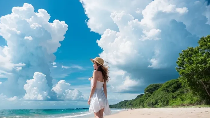 A girl standing on the beach、Back view、Strong midsummer sunlight and blue sky、White cumulonimbus clouds towering from the bottom up、countryside、