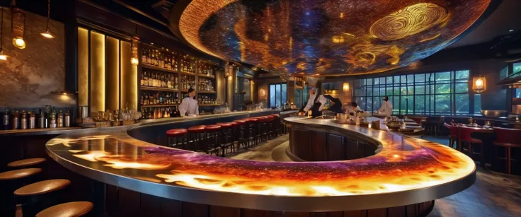 an extremely detailed 4k image of magical bar with a teppanyaki chefs