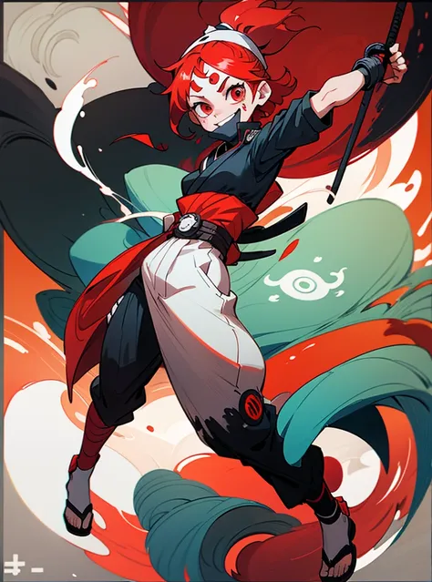 A girl with red hair and short red eyes, her face has a smile, her clothes are a white ninja and black lines, she wears a konoha bandana on her forehead along with a swirl symbol on her back, full body. 