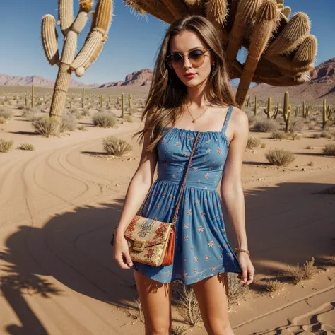 a girl, 28 years old, ((best quality)), ((detailed)),(masterpiece), (American), ((blue eyes)) long hair, freckles, red lips, slightly smiling, standing, sunglasses on her face, wearing a colorful short dress, small handbag in one hand,  ((desert carpet roa...