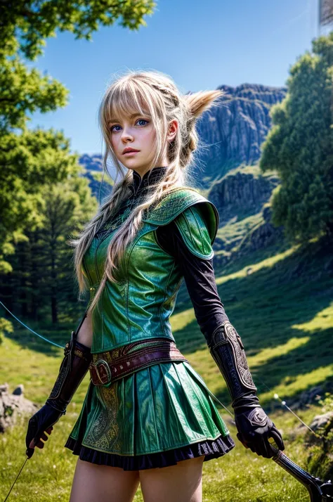 In the center of a vibrant fantasy landscape, a young woman with blond hair and bright blue eyes stands in an archery stance. She is dressed in a green dress that contrasts beautifully with her black gloves. Her bow is thrown back, ready to release the arr...