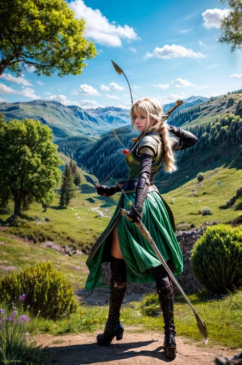 In the center of a vibrant fantasy landscape, a young woman with blond hair and bright blue eyes stands in an archery stance. She is dressed in a green dress that contrasts beautifully with her black gloves. Her bow is thrown back, ready to release the arr...