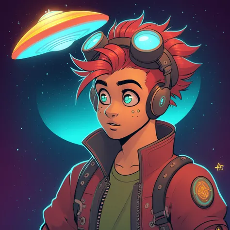 guy looking clueless with a ufo in astropunk art style