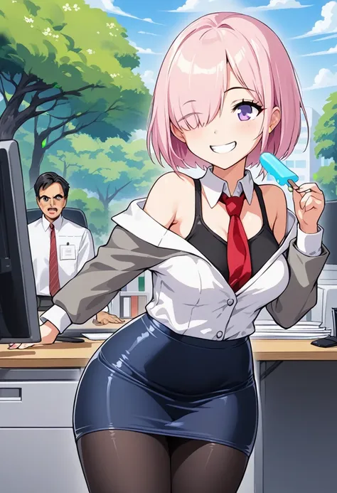 1 woman, short hair, pink hair, purple eyes, hair above one eye, black shirt, white collar, red tie, two-tone jacket, white jack...