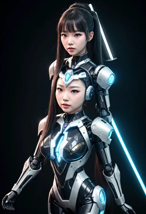 asian woman, standing, stop FRONT VIEW, tez blanca, korean, tits, futuristic clothing, modern outfit provided, NO DEFORMATIONS, beautiful, robot, cyborg, android, light, laser, League of Legends, splah art, sexy, the payment, chrome, Metal, FNAF, Animatron...