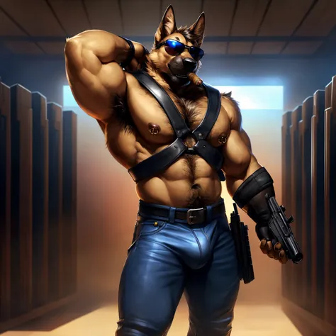 Solo, male, medium muscular, german shepherd, dog, biker, hairy chest, furry chest hair, shirtless, leather vest, blue jeans, leather chest harness, gun holster, gun, leather fingerless gloves, combat boots, boots, cigar, cigar in mouth, nipple piercing ((...