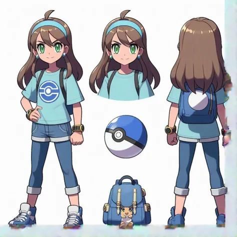 anime character design of a girl with a backpack and a ball, pokémon trainer outfit, pokémon trainer, pokemon anime style, offic...