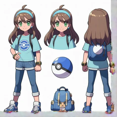 anime character design of a girl with a backpack and a ball, pokémon trainer outfit, pokémon trainer, pokemon anime style, offic...