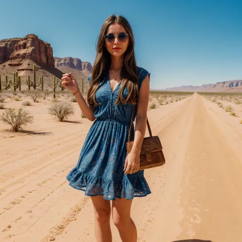 a girl, 28 years old, ((best quality)), ((detailed)),(masterpiece), (American), ((blue eyes)) long hair, freckles, red lips, slightly smiling, standing, sunglasses on her face, wearing a colorful short dress, small handbag in one hand,  ((desert carpet roa...