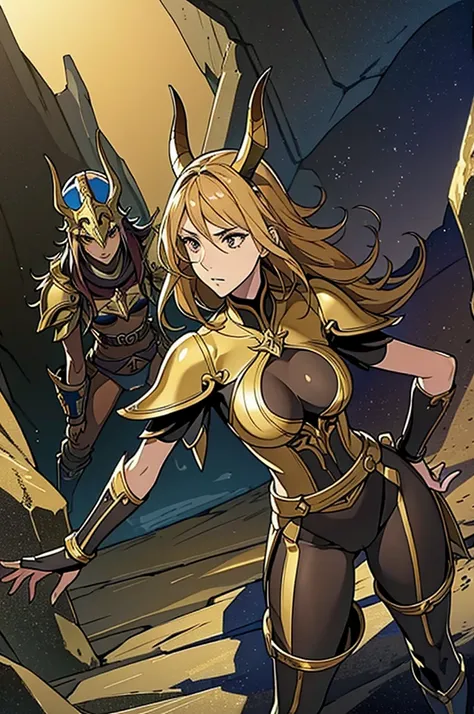 best quality, official art, masterpiece, textile shading, HDR, very detailed, colorful, best details, fantasy, gold & black battle armor, wearing gold battle helmet, 1 human female, 25 years old, 3 boys bandits, Multiple horny bandits, Anxious and frighten...