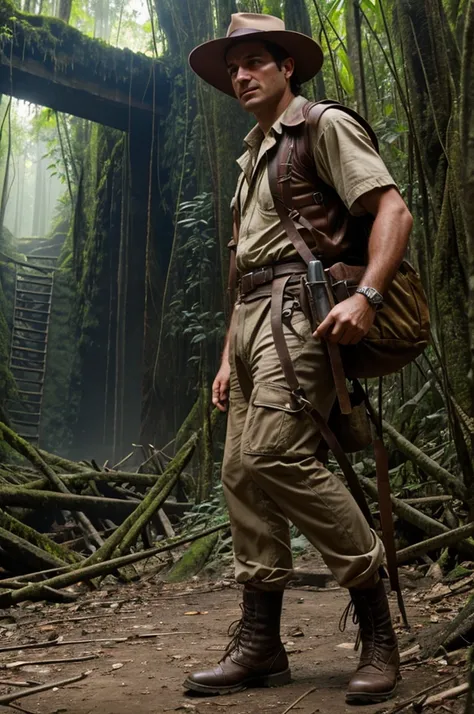 Create an image of Franklin Marchetti in Indiana Jones-style explorer clothing, in the Amazon 