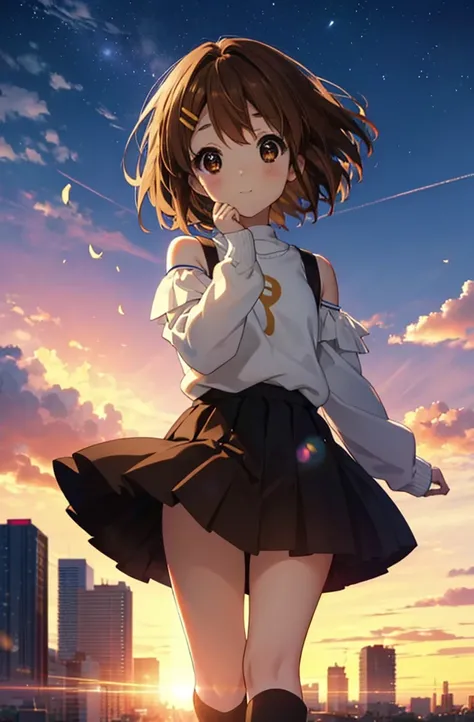 yuihirasawa, Yui Hirasawa, short hair, Brown Hair, hair ornaments, (Brown eyes:1.5),blush,smile,White oversized one-shoulder sweater,Black pleated skirt,White Pantyhose,short boots,Hair Clip,Panties in full view、smile、Overlooking the city from the top of t...