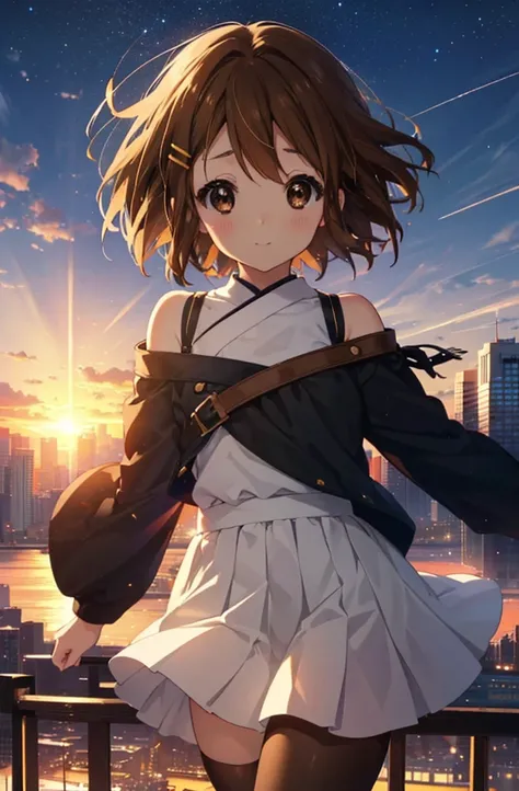 yuihirasawa, Yui Hirasawa, short hair, Brown Hair, hair ornaments, (Brown eyes:1.5),blush,smile,White oversized one-shoulder sweater,Black pleated skirt,White Pantyhose,short boots,Hair Clip,Panties in full view、smile、Overlooking the city from the top of t...