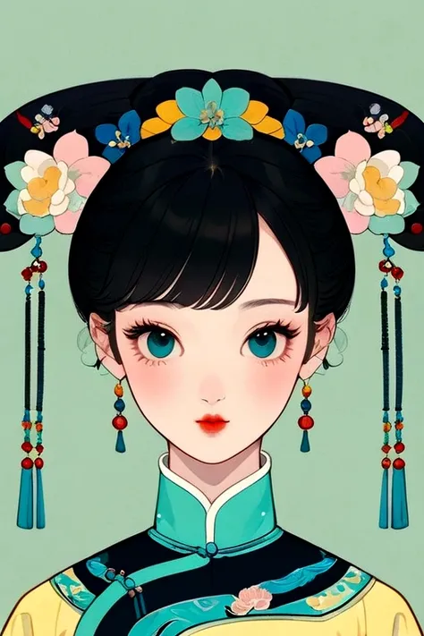 a gongbi painting of a chinese cartoon-like girl with black hair, Qing Dynasty style, exquisite headdress, cute face, close-up, in the style of cartoonish lithographs, extremely minimalism portrait, animated gif, rich details, crisp lines, fairy kei, dark ...