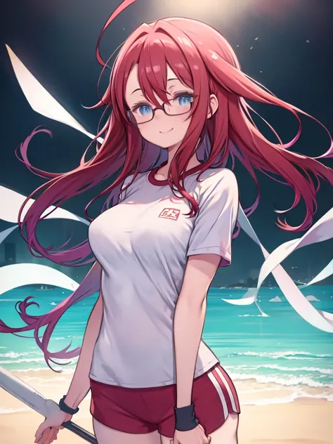 One Woman、Red Hair、long hair、Hair between the eyes、blue eyes、Glasses、Big Breasts、White gym clothes、Short sleeve、bloomers、gym shorts、Smiling、Watching the audience、Embarrassed、Clothes that fit the body、Upper Body、