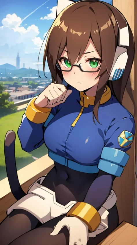 aile_megamanzx, 1 girl, looking at viewer, brown hair, green eyes, sky background , blushed , leaning on a table , glasses , gam...