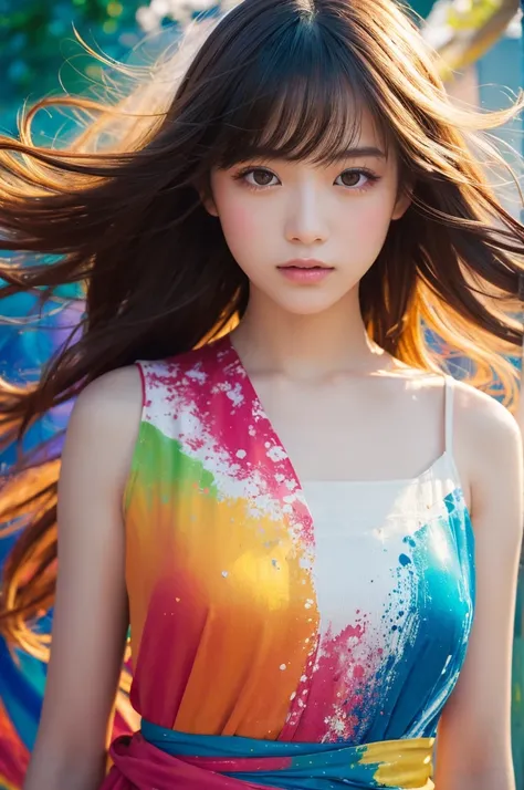 A beautiful Japanese girl is depicted in a vertical portrait, emerging from a vibrant splash of multicolored paint. She has long, dark hair with bangs framing her delicate face, and her expression is serene and captivating. She wears a semi-transparent, li...