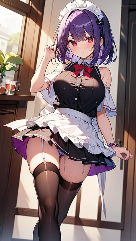 最high quality, high quality, Super detailed, 32k, Ultra-detailed details, Sister and maid, (Standing, pretty girl, beautiful purple hair, short hair, Beautiful RED eyes, mature, Big Breasts, A light smile, Red eyes, Off-the-shoulder sleeveless Summer cloth...