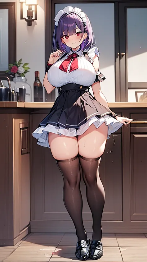 最high quality, high quality, Super detailed, 32k, Ultra-detailed details, Sister and maid, (Standing, pretty girl, beautiful purple hair, short hair, Beautiful RED eyes, mature, Big Breasts, A light smile, Red eyes, Off-the-shoulder sleeveless Summer cloth...