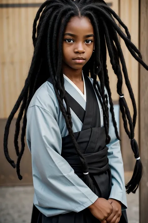 A young boy, long black and white tipped dreadlocks, black eyebrows, white eyelashes, pale blue gray eyes, baggy eyes, half lidded eyes, dark skin, black skin, African American (NO WHITE/LIGHT SKIN) black oversized Haori, black Hakama, black combat boots